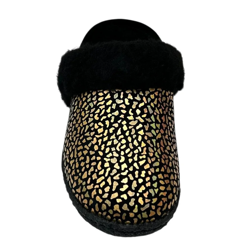 SOREL Nakiska Youth Girls Faux Fur Slippers Size 2 Black Gold Animal‎ Print Warm
